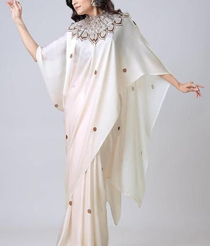 Satin Silk Printed Kaftan Saree With Unstitched Blouse