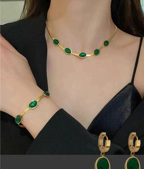 Oval Green Crystal Pendant Necklace Set With Bracelet